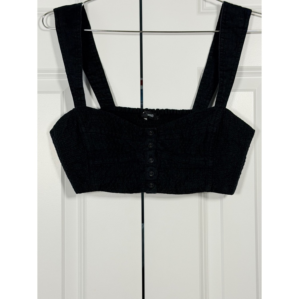 Madewell Womens Black Linen Button Front Smocked Back Crop Top Tank Size 6‎
